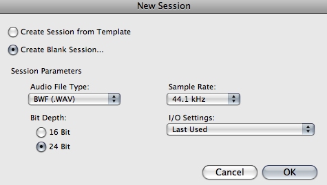 Creating a session in Pro Tools